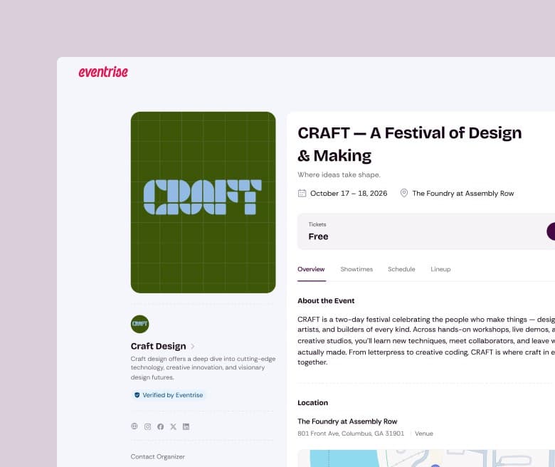 Eventrise event page for CRAFT festival with dates, venue and organizer details