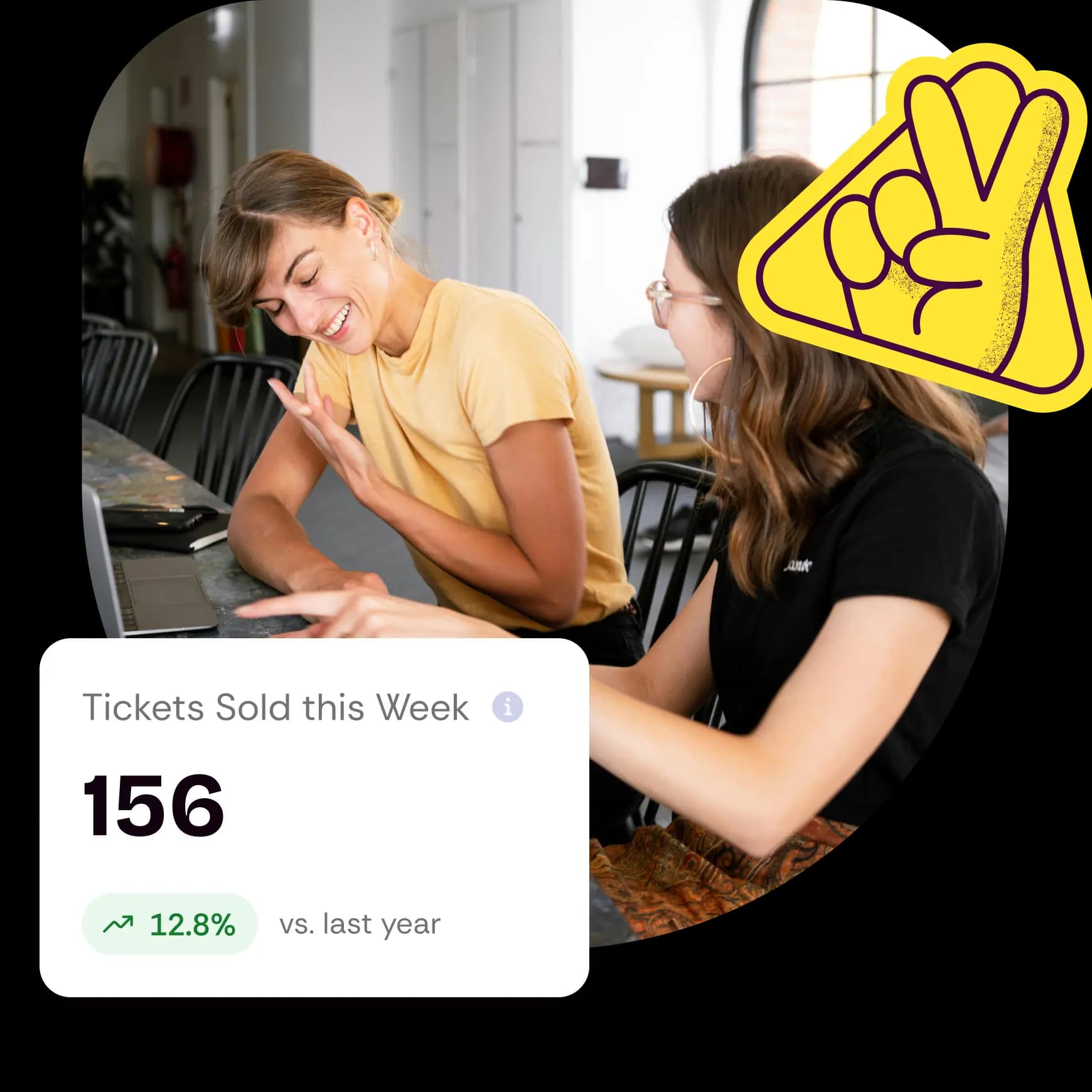 Two women at a laptop, with a card showing 156 tickets sold this week