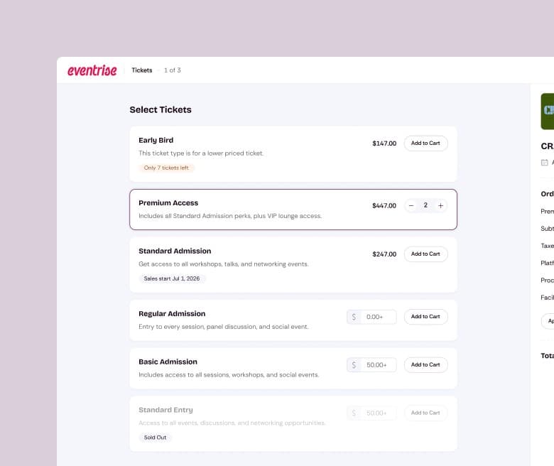 Select tickets step of checkout listing ticket types, prices and Add to Cart buttons