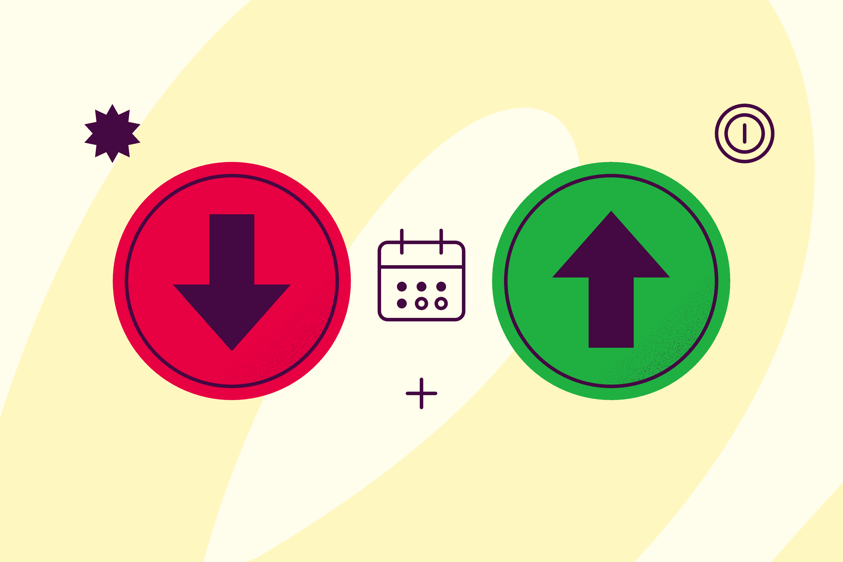 A red arrow pointing down and a green arrow pointing up on either side of a calendar: money out and money in, months apart.
