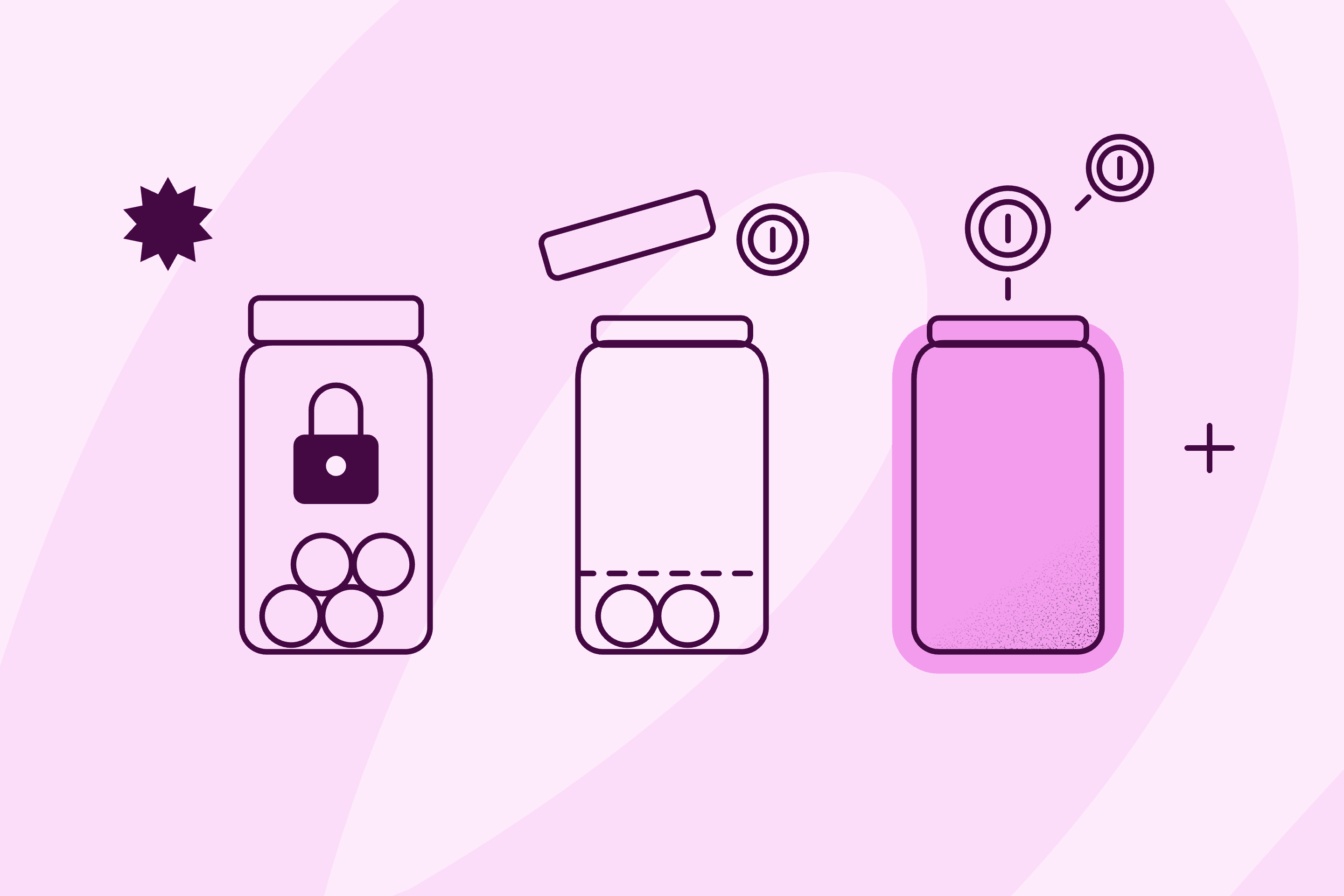 Three jars of coins: one locked, one with part of its coins held back below a dashed line, and one filling as coins drop in.